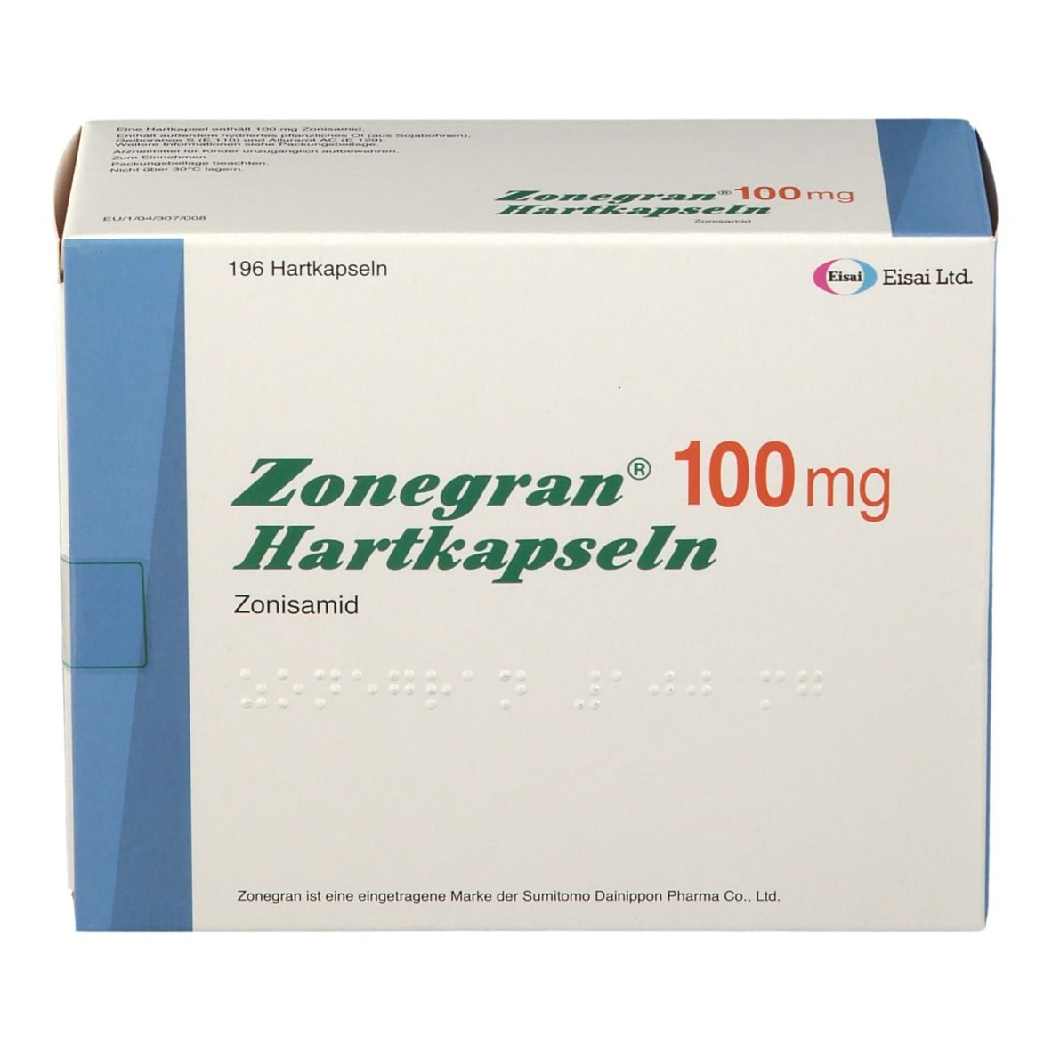 Weiße Schachtel mit blauen Akzenten. Aufschrift: Zonegran 100 mg Hartkapseln, 196 Hartkapseln. Eisai Ltd. Logo.