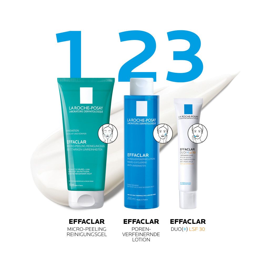 Drei La Roche-Posay Effaclar Produkte: Reinigungs-Gel, verfeinernde Lotion, Duo(+) LSF 30. Auf Creme-Abstrich.