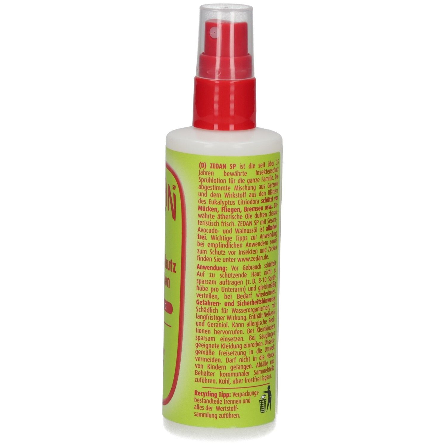 Rückseite der grünen Flasche mit rotem Sprühkopf. Text in deutscher und französischer Sprache. Recycling-Symbol.