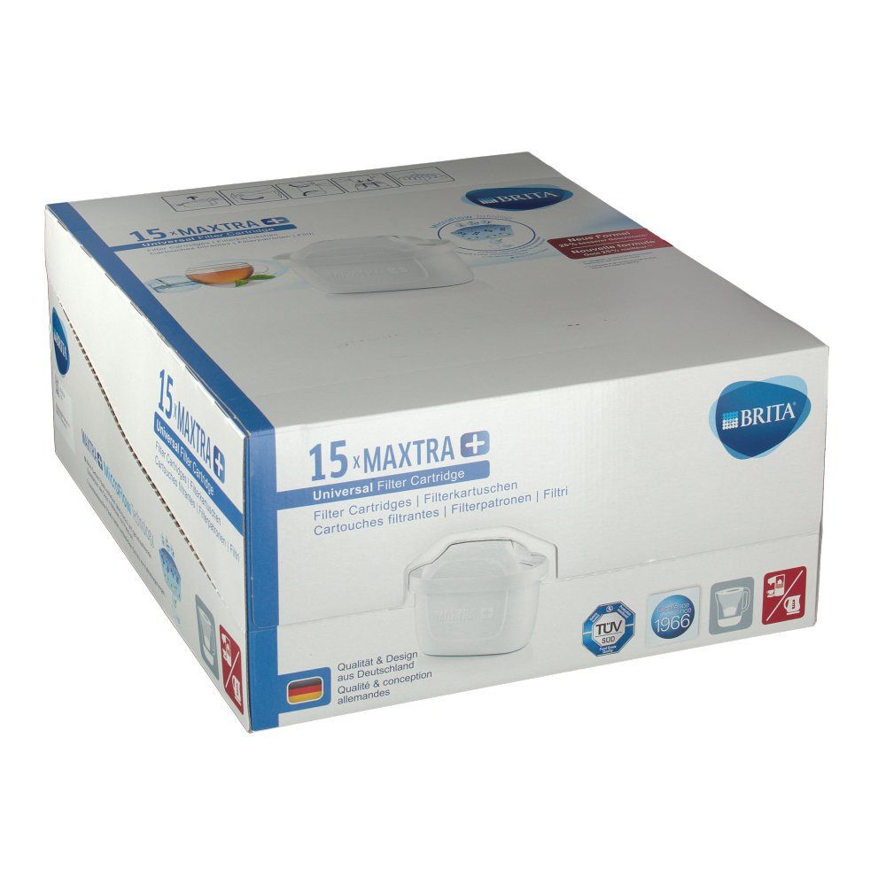 Verpackung mit 15 MAXTRA+ Filterkartuschen. BRITA Logo und TÜV-Zertifizierung. Kartusche abgebildet.