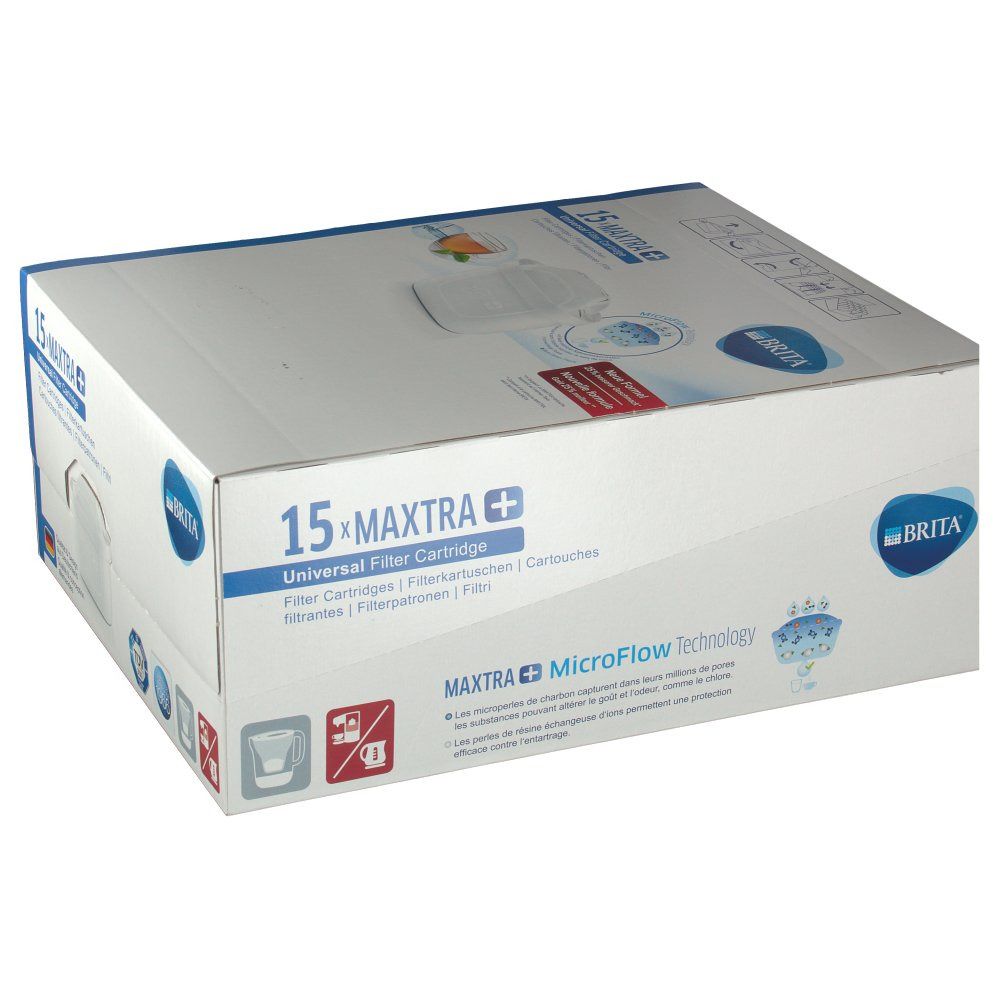 Verpackung mit 15 MAXTRA+ Filterkartuschen. BRITA Logo und MicroFlow Technology. Kartusche abgebildet.