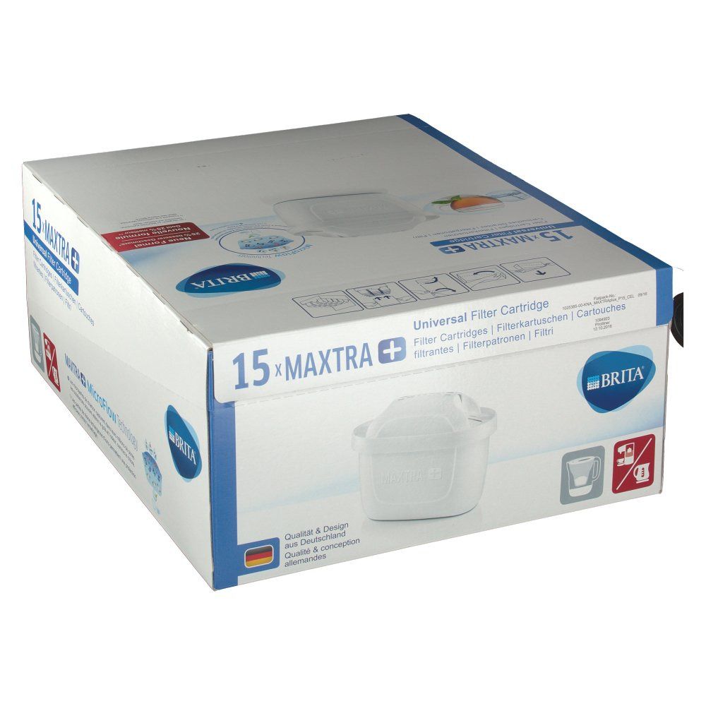 Verpackung mit 15 MAXTRA+ Filterkartuschen. BRITA Logo und TÜV-Zertifizierung. Kartusche abgebildet.