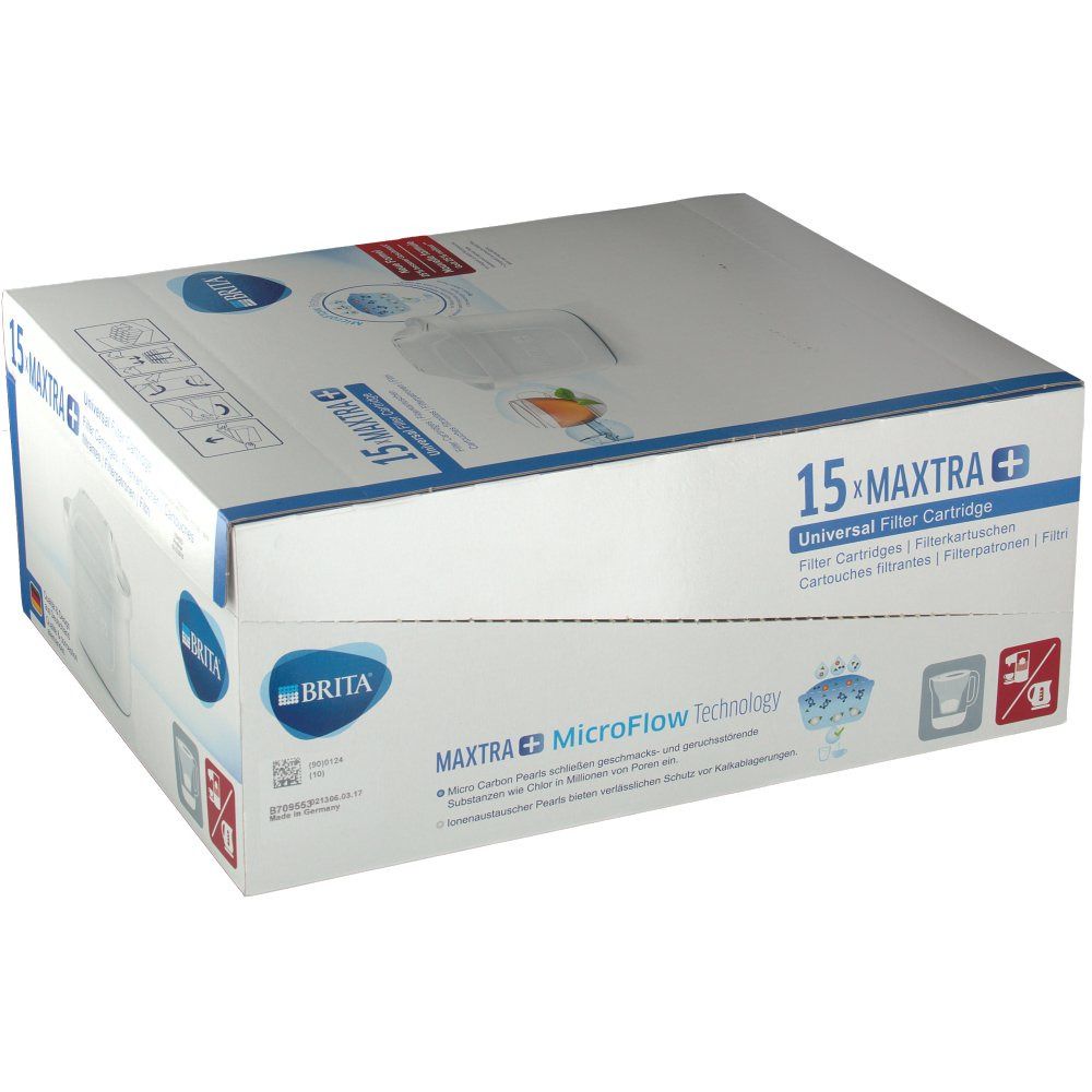 Verpackung mit 15 MAXTRA+ Filterkartuschen. BRITA Logo und MicroFlow Technology. Kartusche abgebildet.
