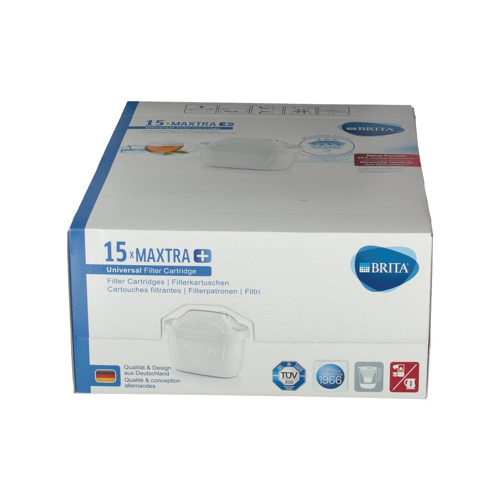 Verpackung mit 15 MAXTRA+ Filterkartuschen. BRITA Logo und TÜV-Zertifizierung. Kartusche abgebildet.