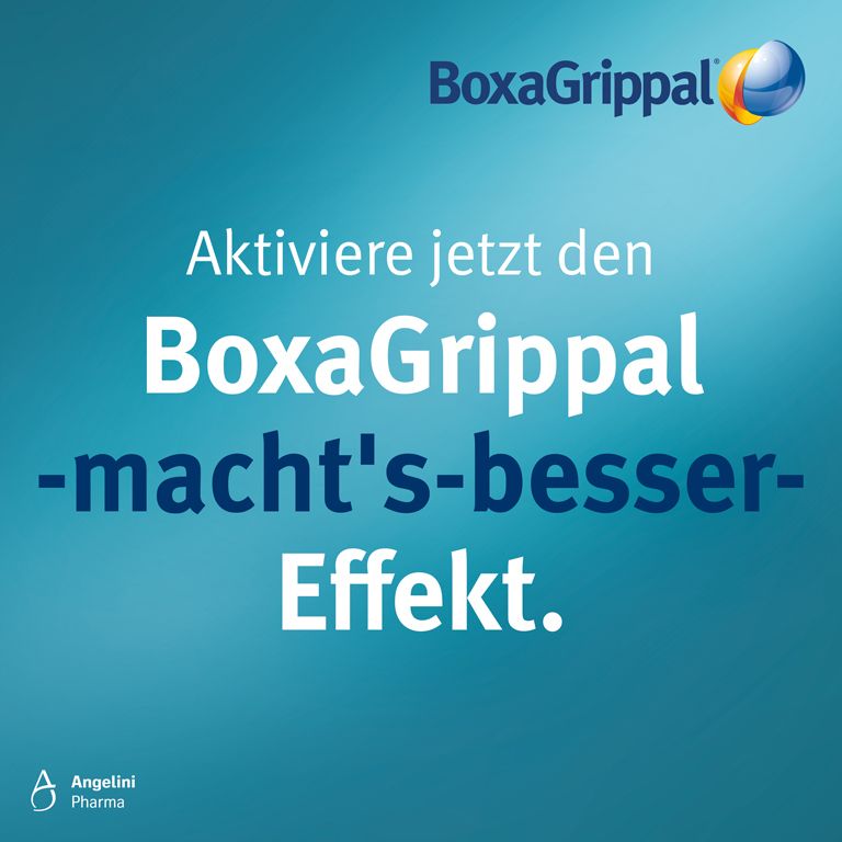 Text auf blauem Hintergrund: Aktiviere jetzt den BoxaGrippal -macht's-besser-Effekt. Logo: Angelini Pharma.