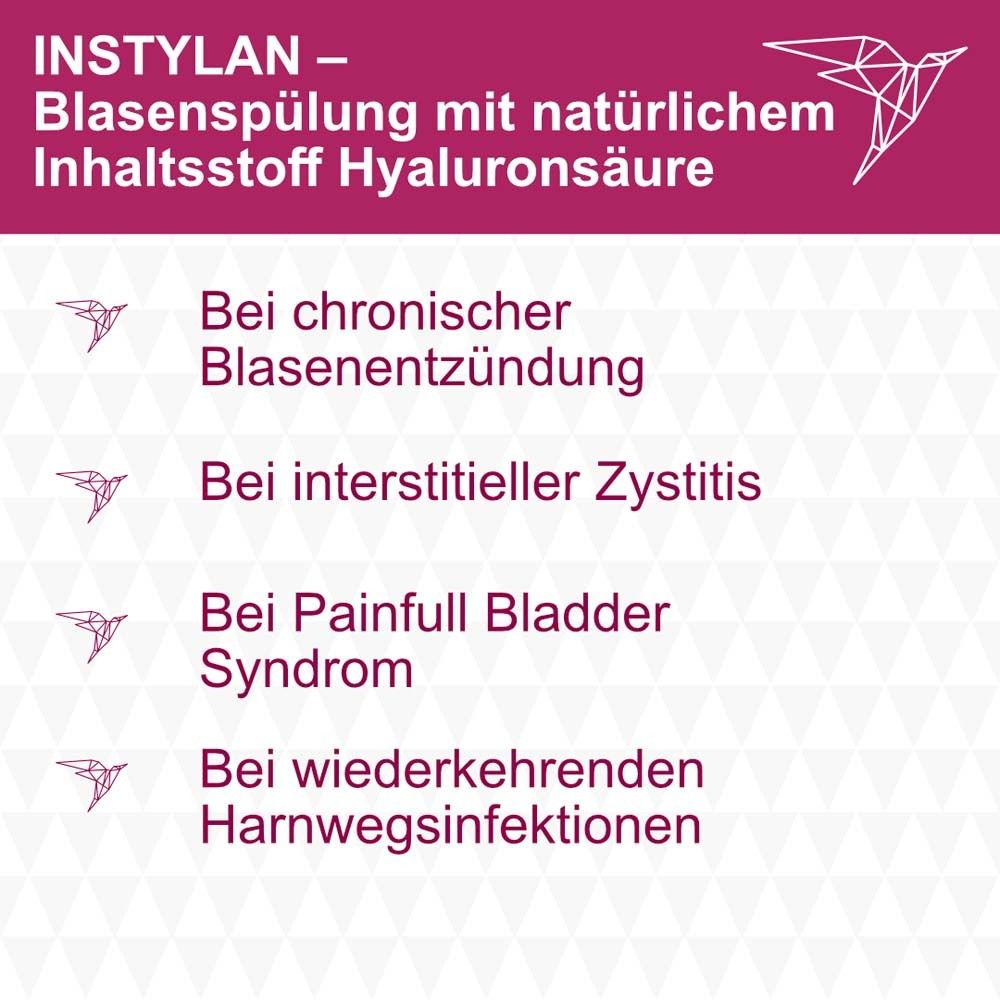 Text: INSTYLAN - Blasenspülung mit natürlichem Inhaltsstoff Hyaluronsäure. Auflistung von Anwendungsbereichen.