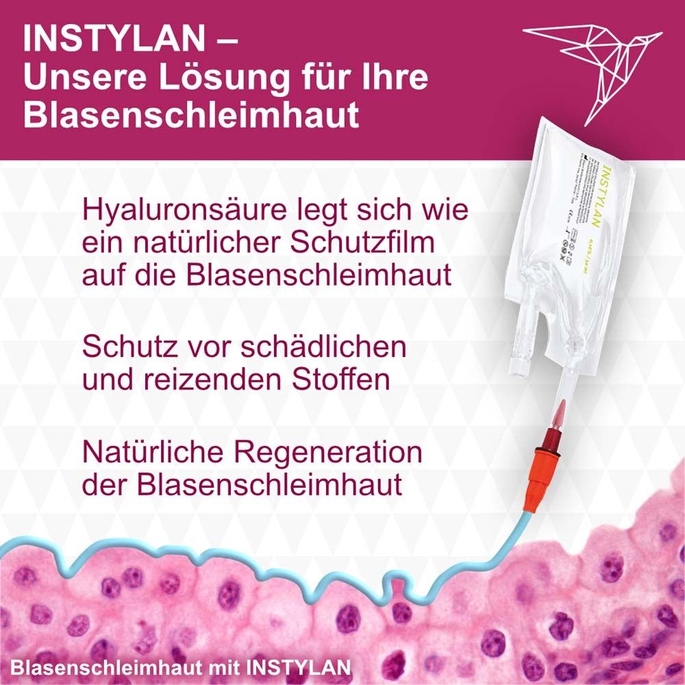 Text: INSTYLAN - Unsere Lösung für Ihre Blasenschleimhaut. Produkt mit roter Spitze.