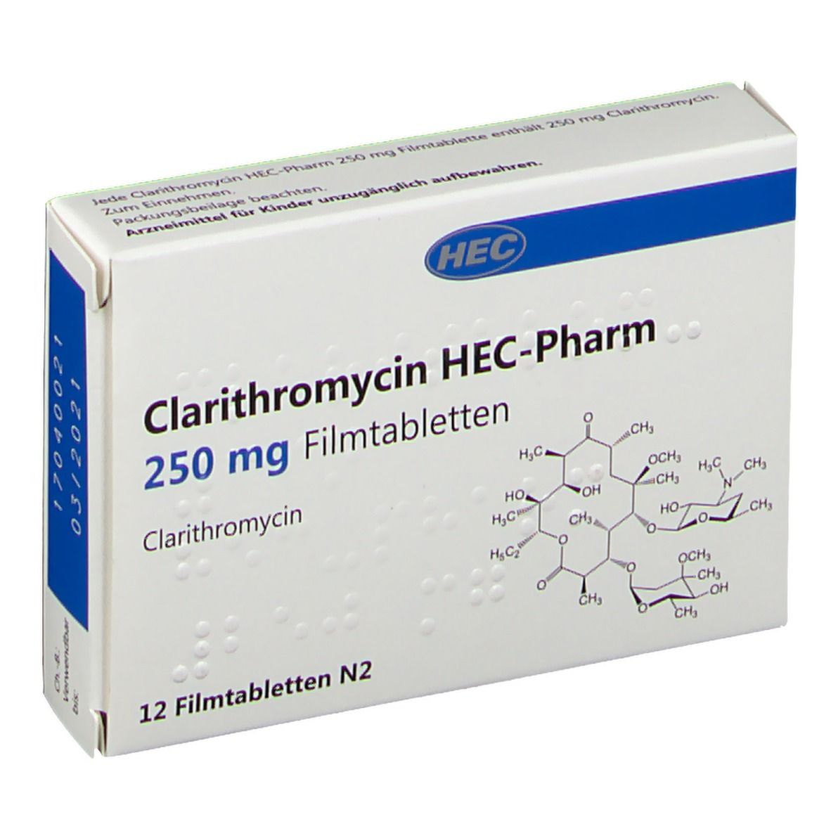 Schachtel Clarithromycin HEC-Pharm 250 mg Filmtabletten. 12 Tabletten. HEC-Logo. Chemische Struktur abgebildet. Datumsanzeige.