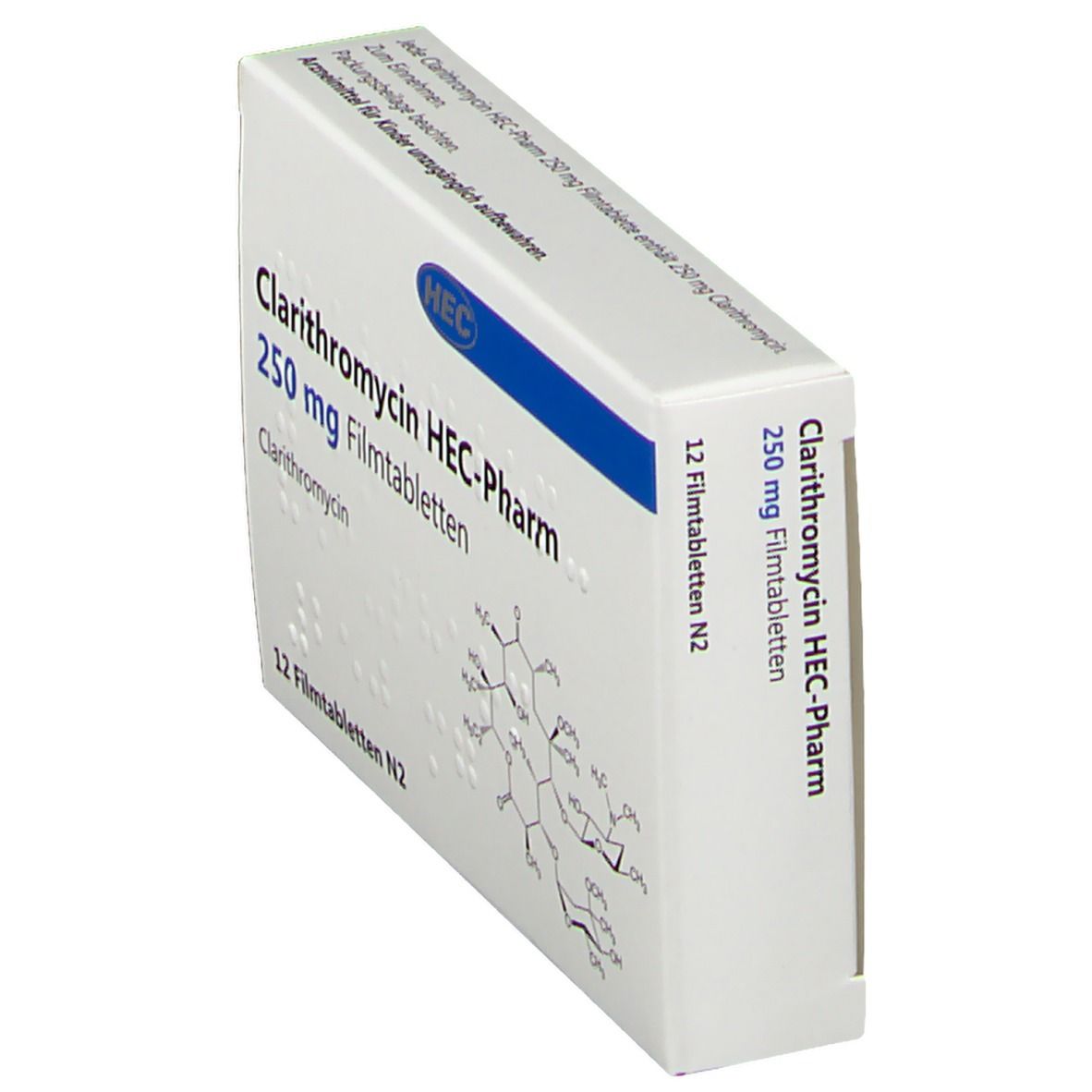Schachtel Clarithromycin HEC-Pharm 250 mg Filmtabletten. 12 Tabletten. HEC-Logo. Chemische Struktur abgebildet. Datumsanzeige.