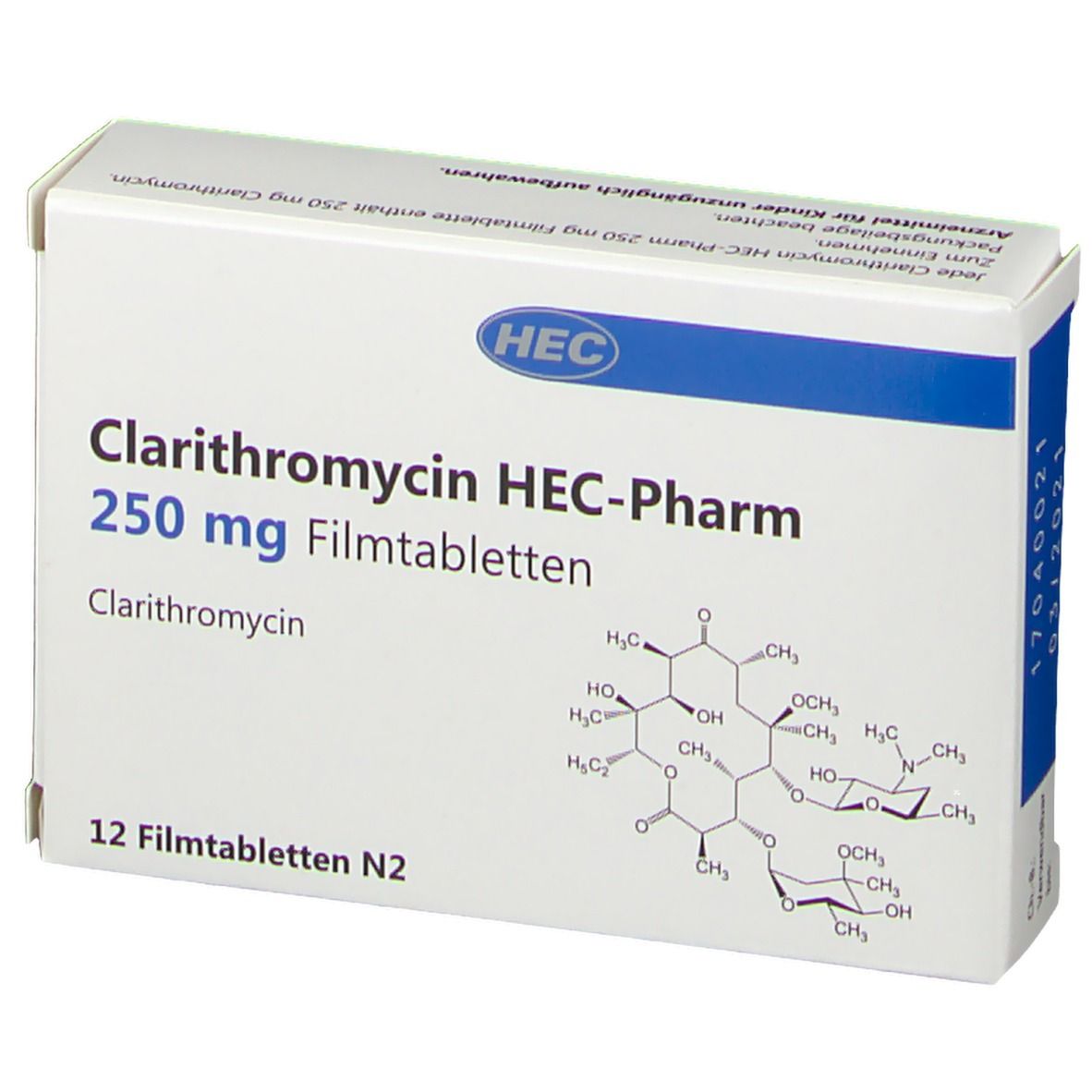 Schachtel Clarithromycin HEC-Pharm 250 mg Filmtabletten. 12 Tabletten. HEC-Logo. Chemische Struktur abgebildet. Datumsanzeige.