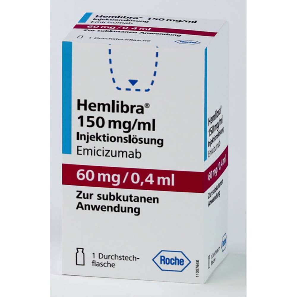 Weiße Faltschachtel mit Aufschrift Hemlibra 150 mg/ml Injektionslösung. Enthält 60 mg/0,4 ml. Mit Roche-Logo und Durchstechflasche-Symbol.