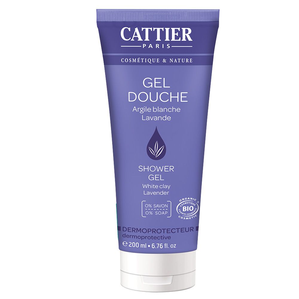 Lila Tube mit Duschgel. Oben steht CATTIER PARIS. Darunter GEL DOUCHE, Argile blanche Lavande. Bio-Zertifizierung.