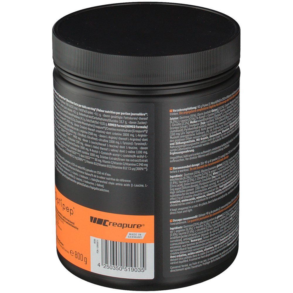 Schwarze Dose mit Deckel. Rückseite mit Text. Aufschrift Optipep. 800g. Creapure Logo.