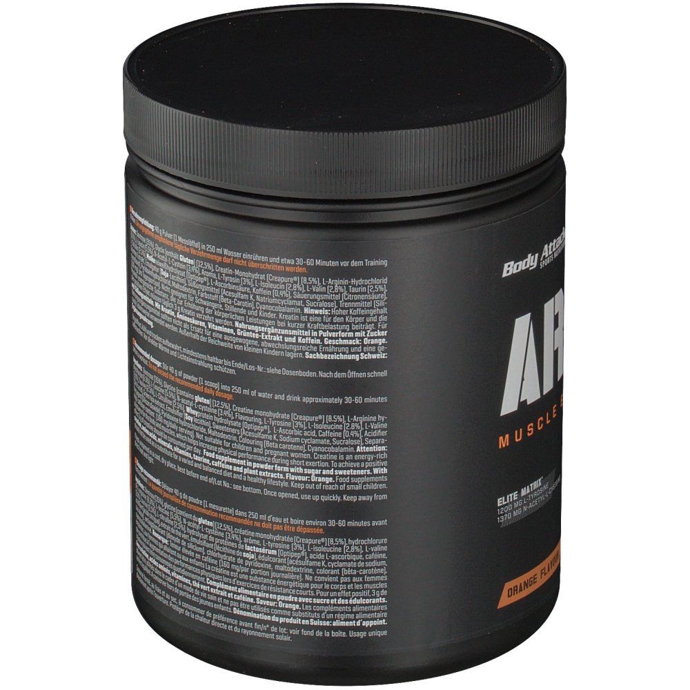 Schwarze Dose mit Deckel. Aufschrift ARMED, Muscle Energy Booster, Orange Flavour. Elite Series. Text auf der Rückseite.