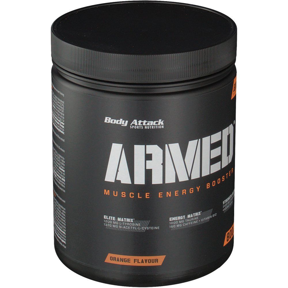 Schwarze Dose mit Deckel. Aufschrift ARMED, Muscle Energy Booster, Orange Flavour. 800g. Elite Series.