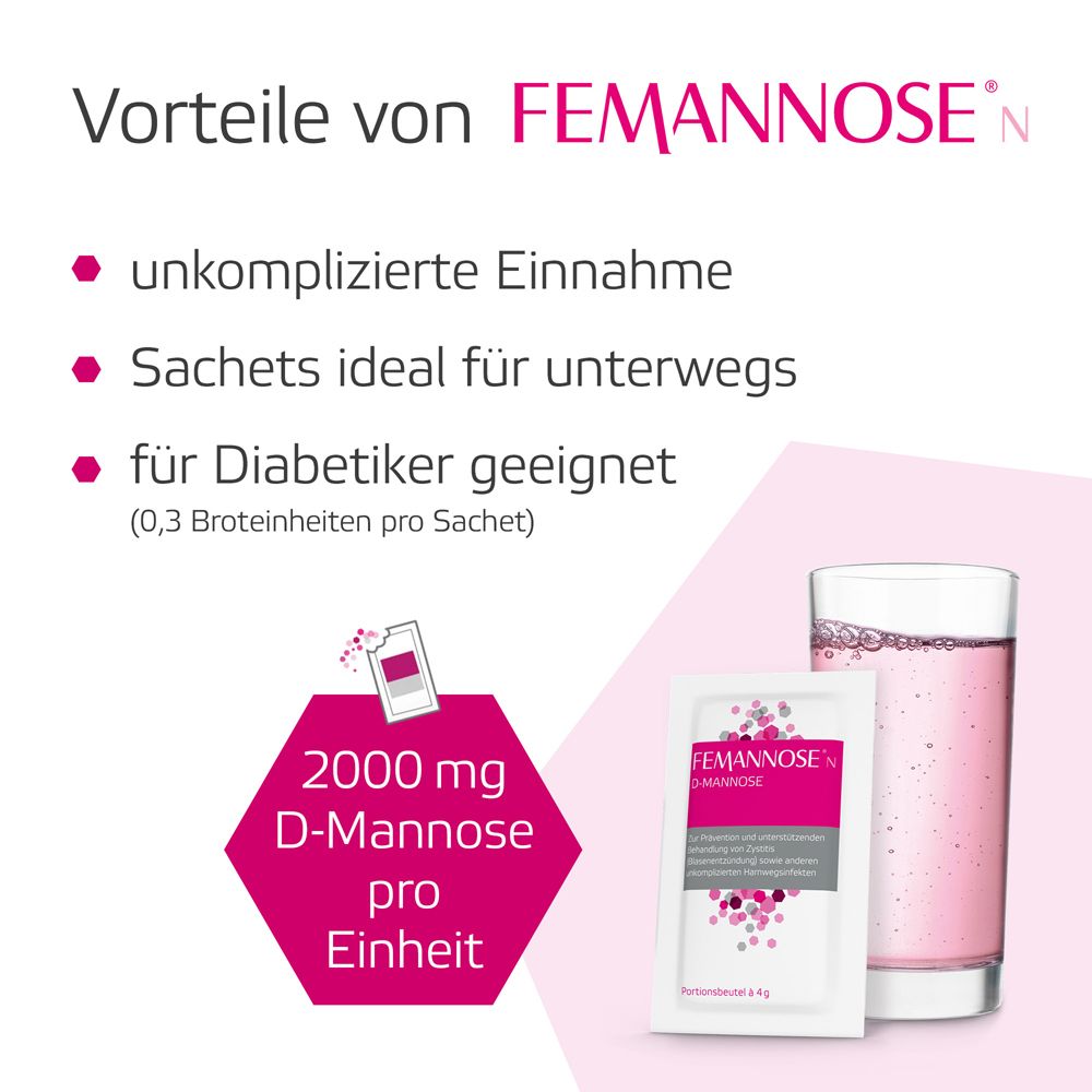 Femannose N – Trinkgranulat mit je 2000 mg D-Mannose Pulver hochdosiert