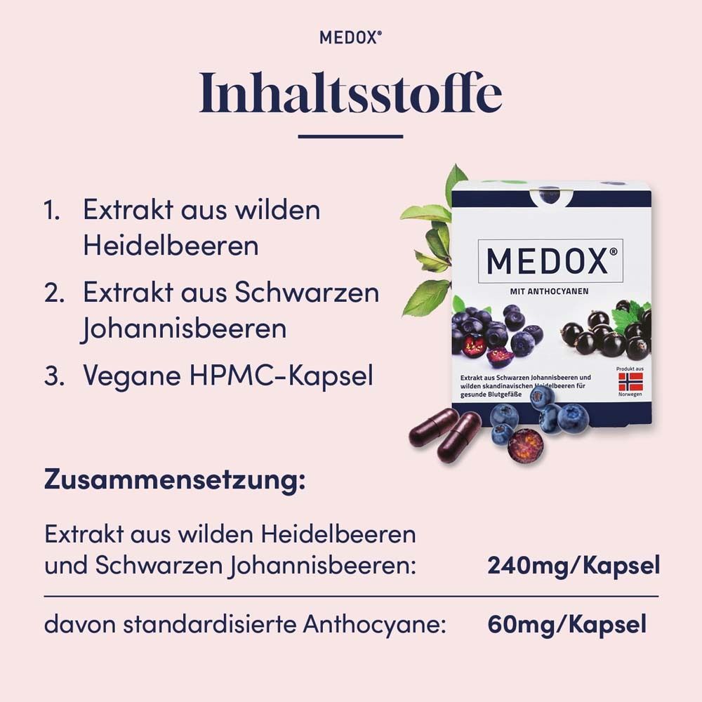 MEDOX® Packung, Kapseln, Blaubeeren. "Extrakt aus wilden Heidelbeeren und Schwarzen Johannisbeeren".