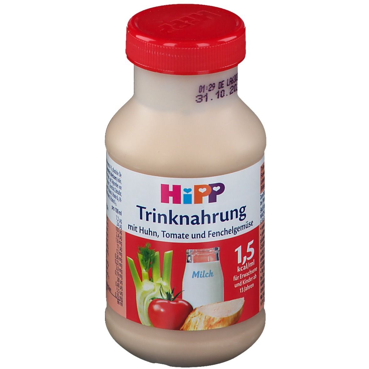 Flasche HiPP Trinknahrung mit rotem Deckel. Aufschrift: Trinknahrung mit Huhn, Tomaten & Fenchelgemüse. 1,5 kcal/ml.