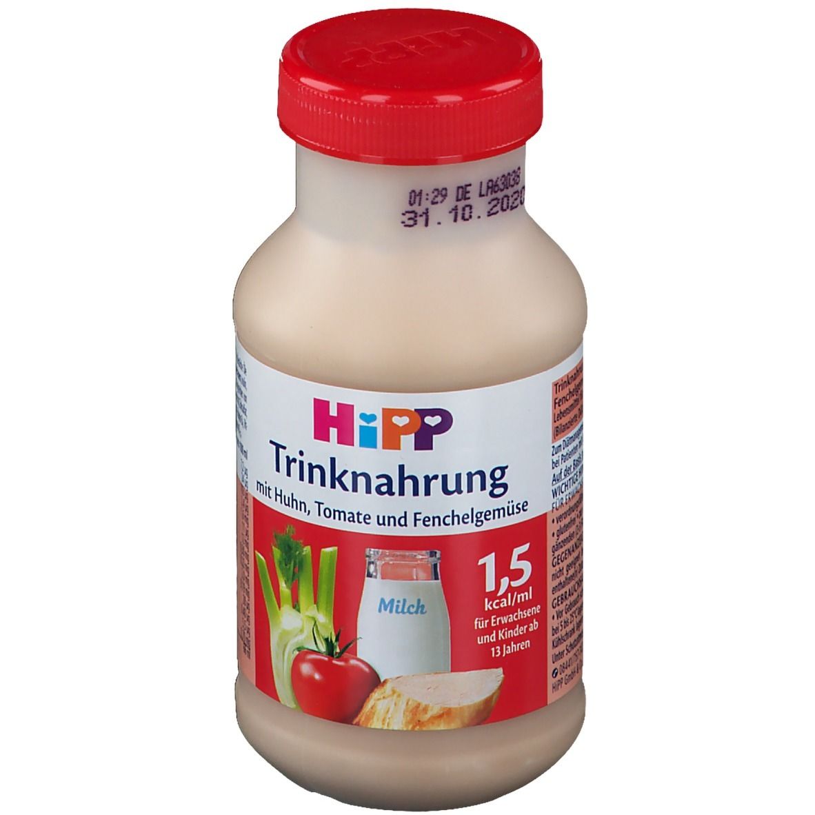 Flasche HiPP Trinknahrung mit rotem Deckel. Aufschrift: Trinknahrung mit Huhn, Tomaten & Fenchelgemüse. 1,5 kcal/ml.