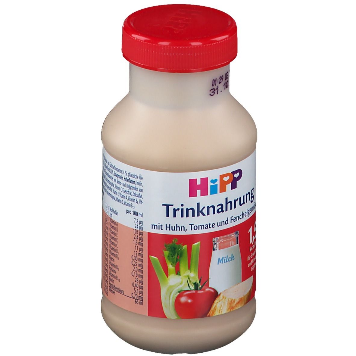 Flasche HiPP Trinknahrung mit rotem Deckel. Aufschrift: Trinknahrung mit Huhn, Tomaten & Fenchelgemüse. 1,5 kcal/ml. Nährwertangaben.