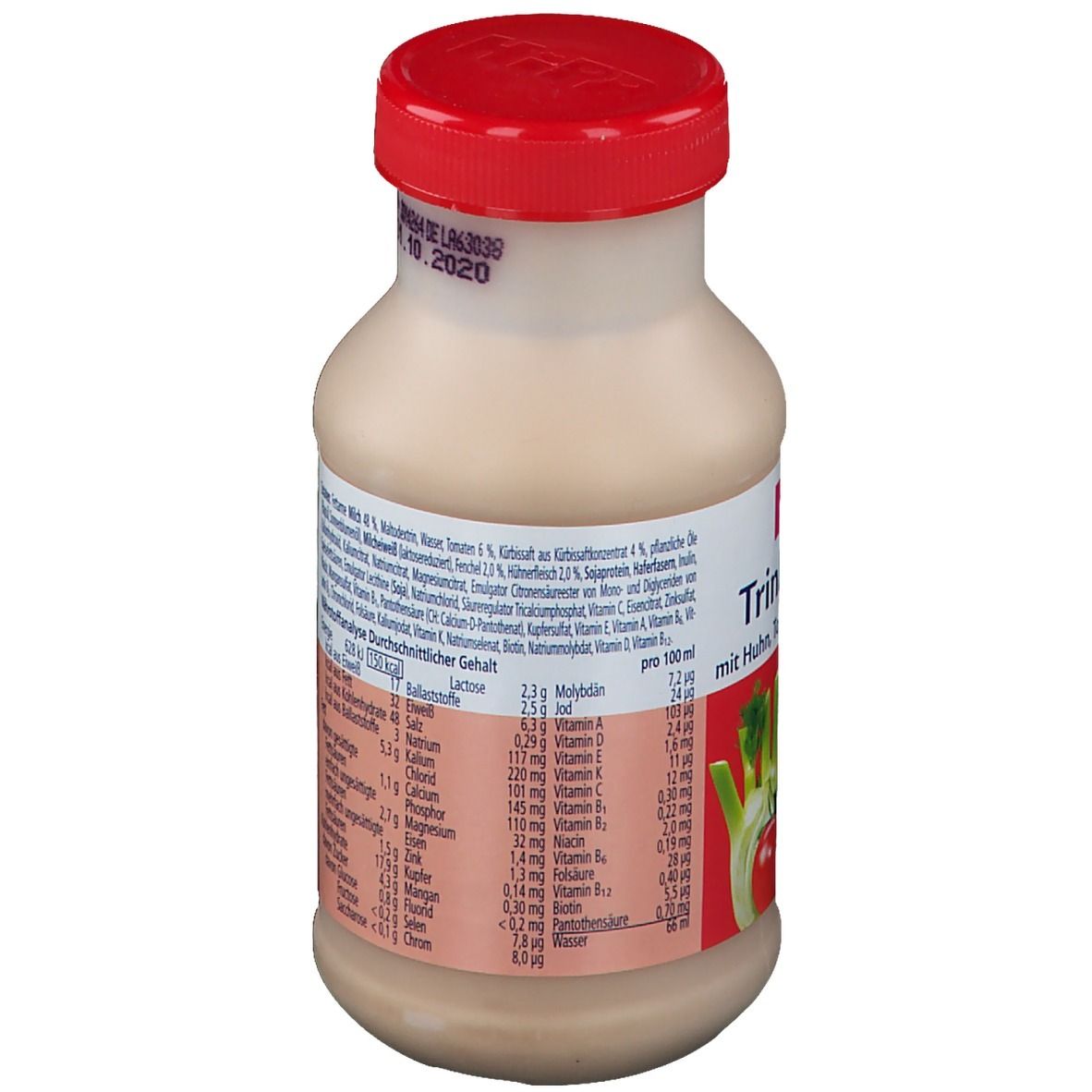 Rückseite der Flasche HiPP Trinknahrung. Text: Trinknahrung mit Huhn, Tomaten & Fenchelgemüse. Nährwertangaben pro 100 ml.