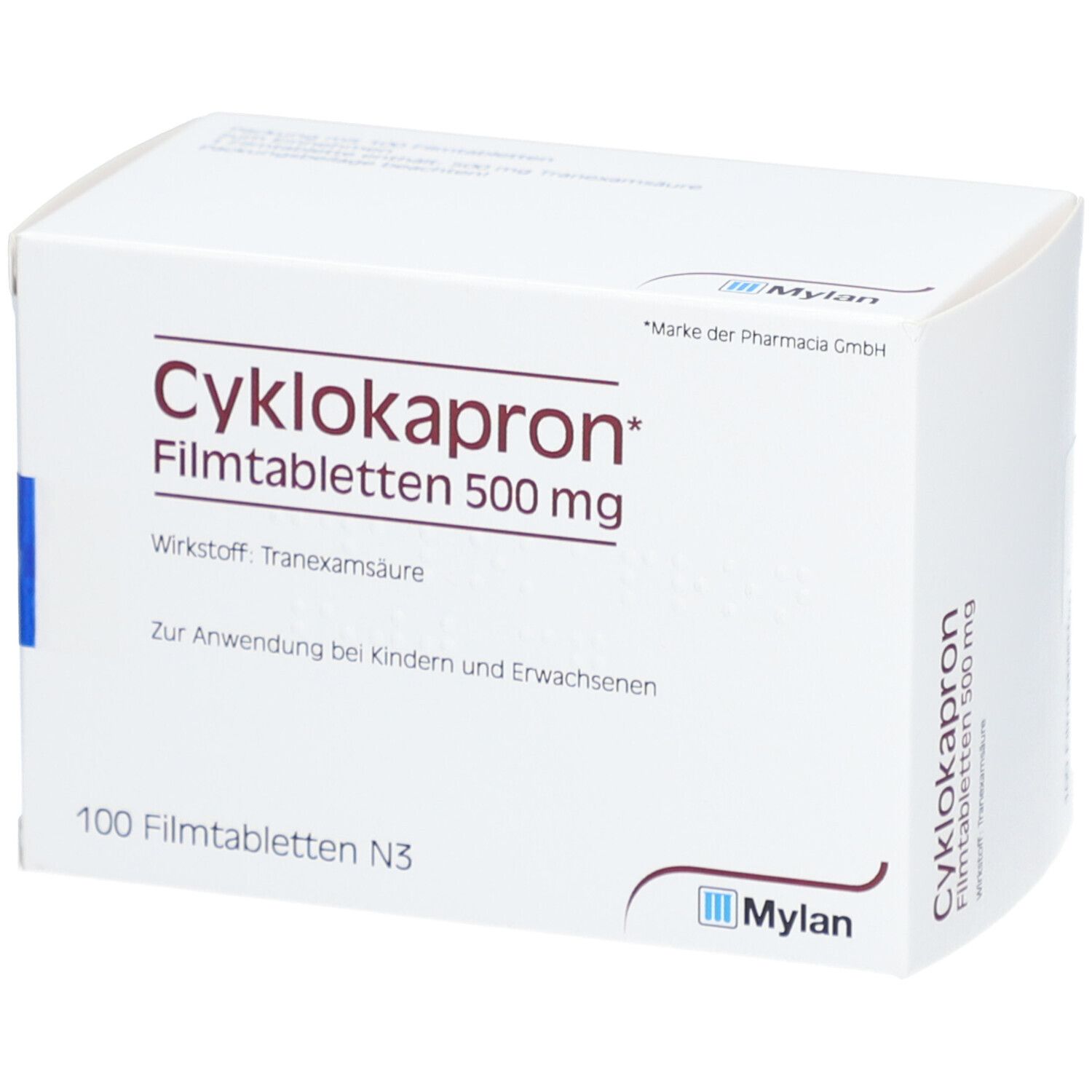 Weiße Schachtel mit Aufschrift Cyklokapron Filmtabletten 500 mg. Enthält 100 Tabletten. Marke Mylan.