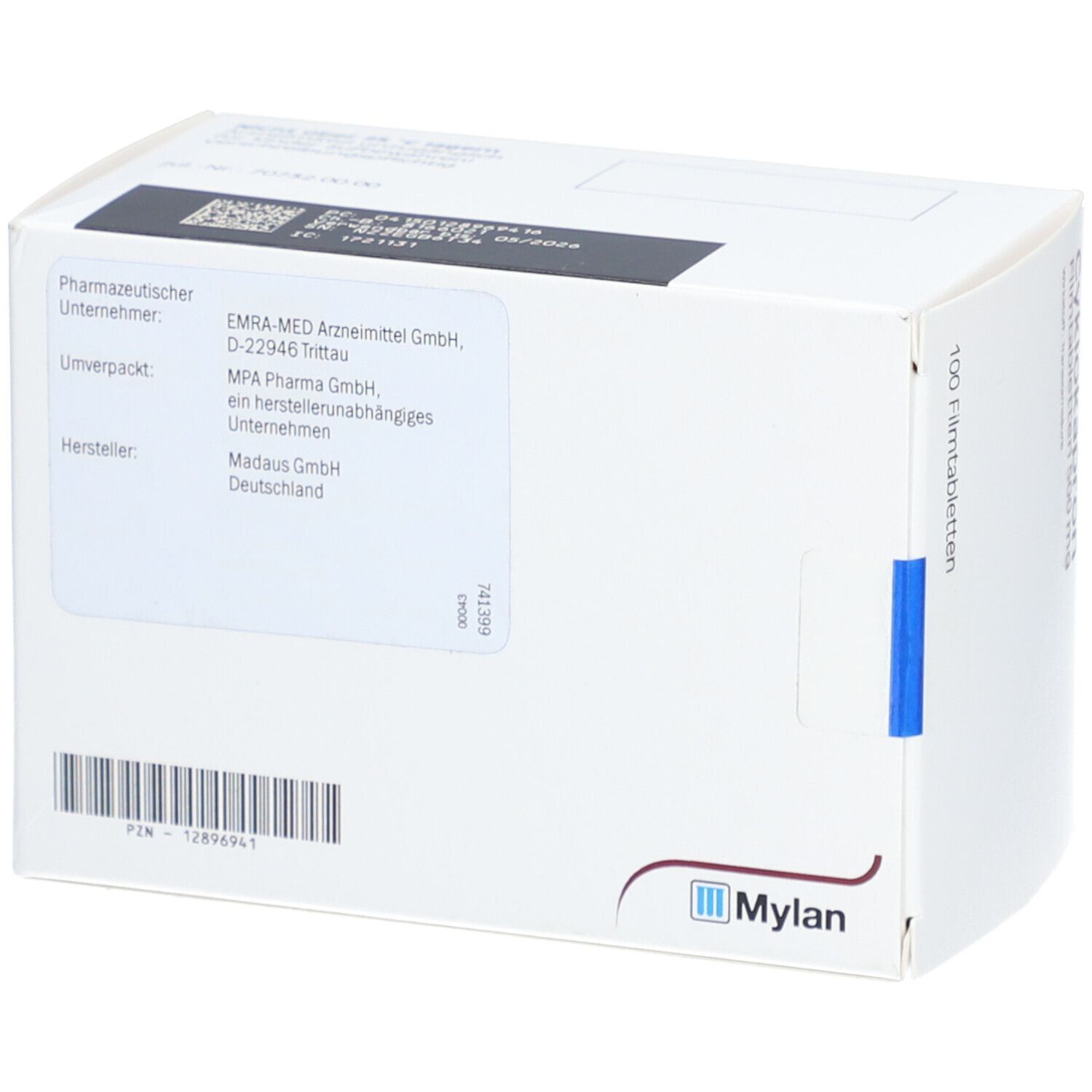 Weiße Schachtel mit Barcode und Herstellerinformationen. Marke Mylan.