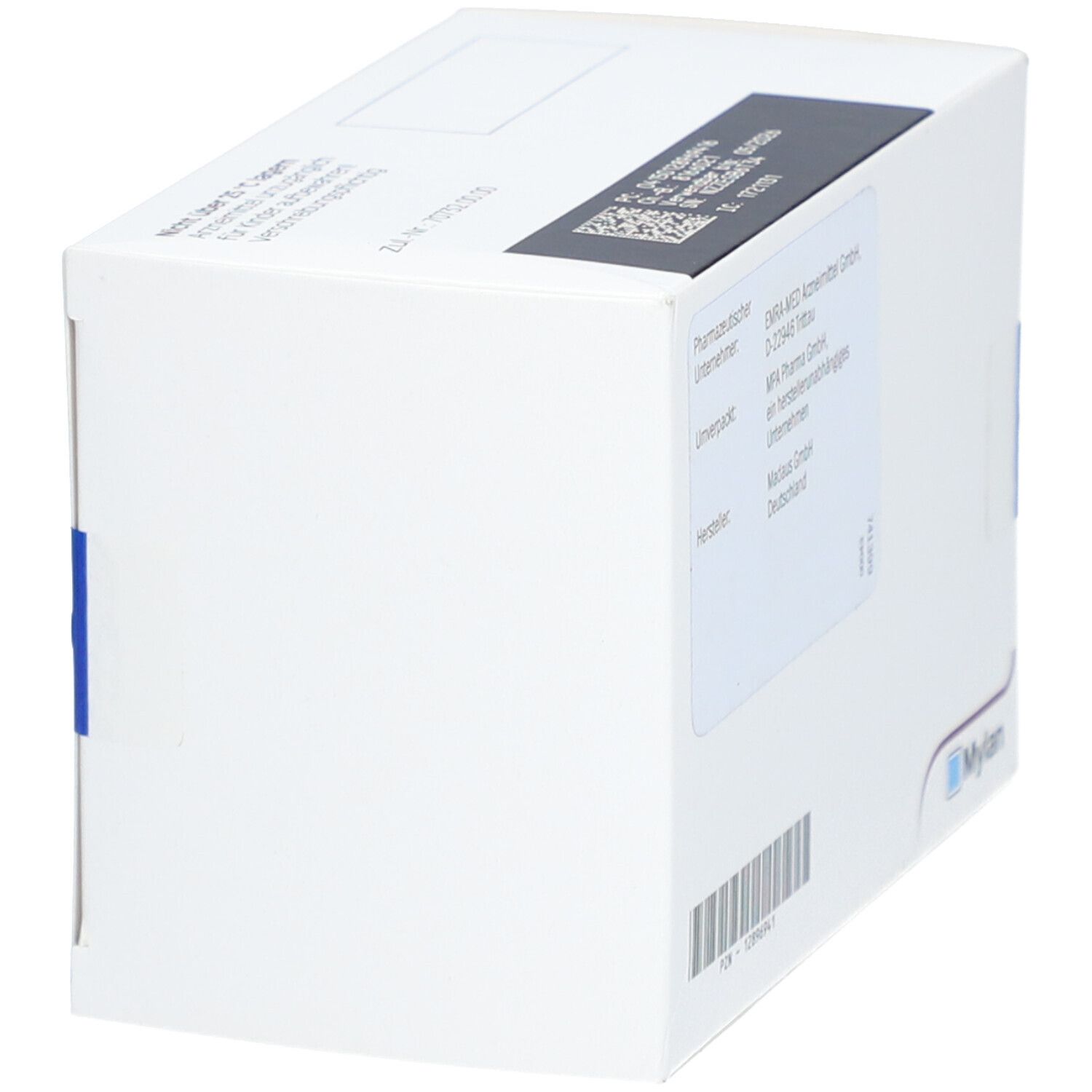 Weiße Schachtel mit Barcode und Herstellerinformationen. Marke Mylan.