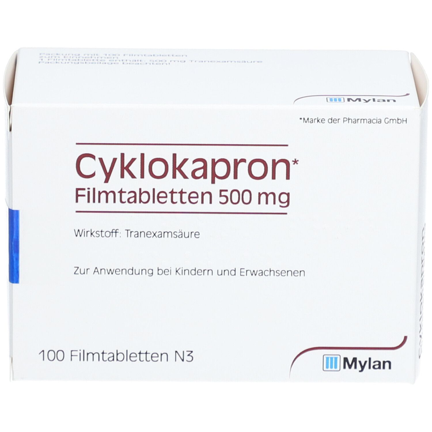 Weiße Schachtel mit Aufschrift Cyklokapron Filmtabletten 500 mg. Enthält 100 Tabletten. Marke Mylan.
