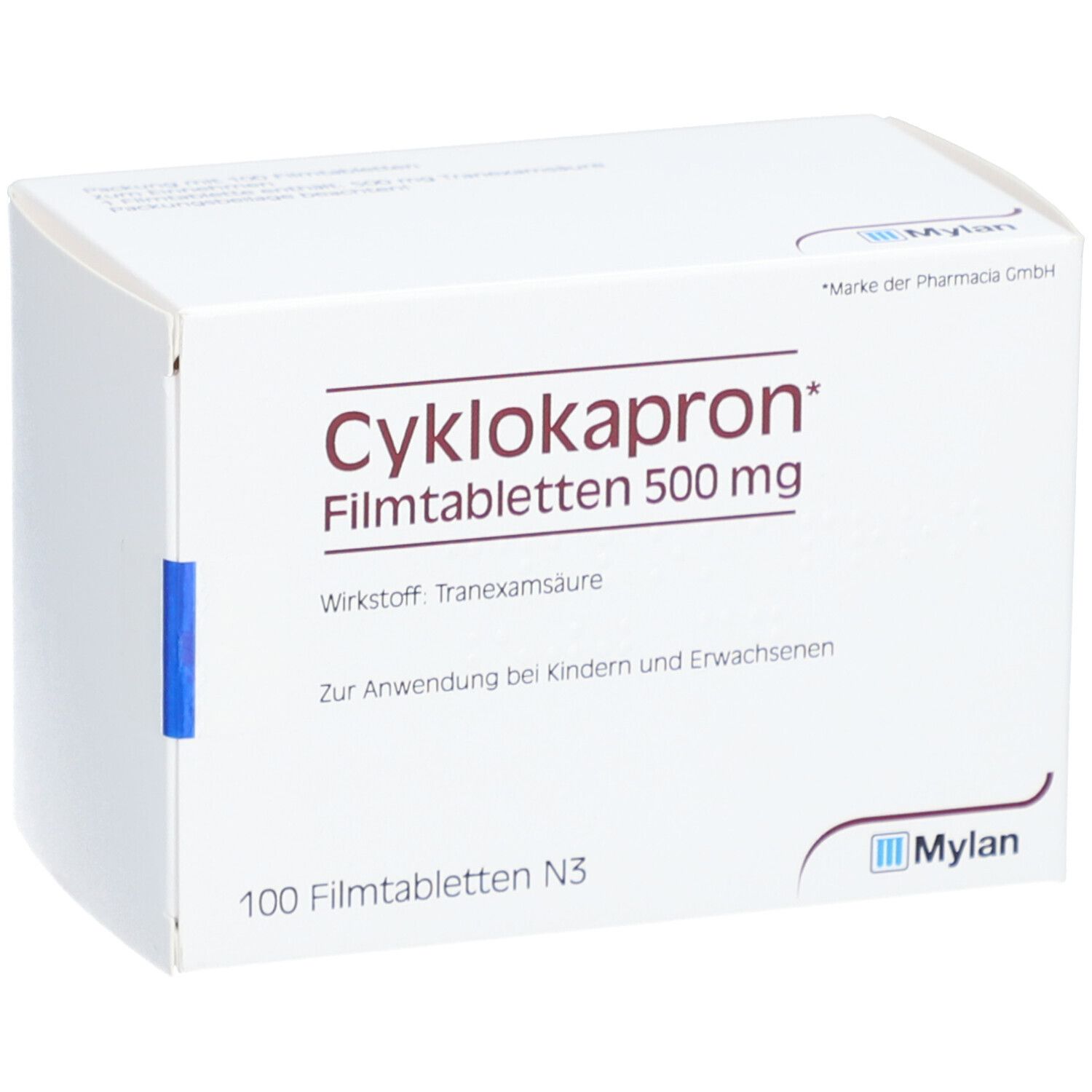 Weiße Schachtel mit Aufschrift Cyklokapron Filmtabletten 500 mg. Enthält 100 Tabletten. Marke Mylan.