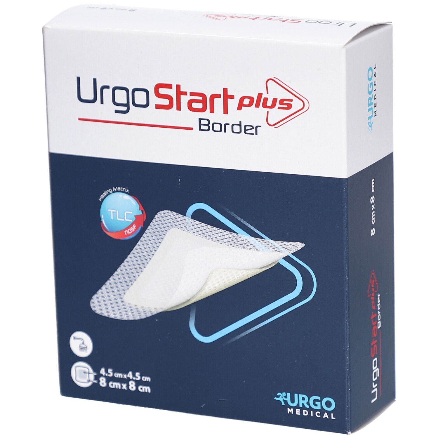 Verpackung von UrgoStart Plus Border. Zeigt ein Wundauflagen-Modell. Größe 8 x 8 cm. Marke Urgo Medical.