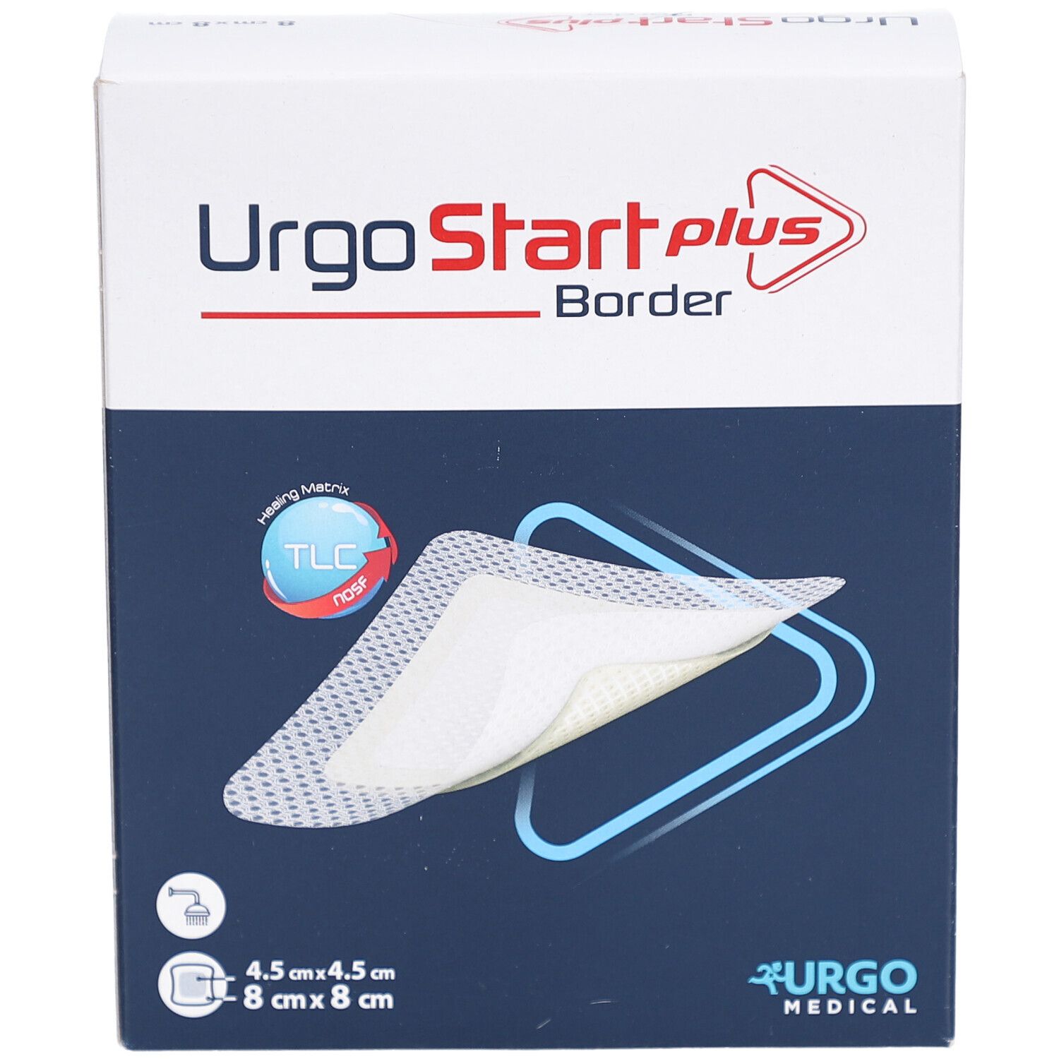 Vorderseite der UrgoStart Plus Border Verpackung. Zeigt ein Wundauflagen-Modell. Größe 8 x 8 cm. Marke Urgo Medical.
