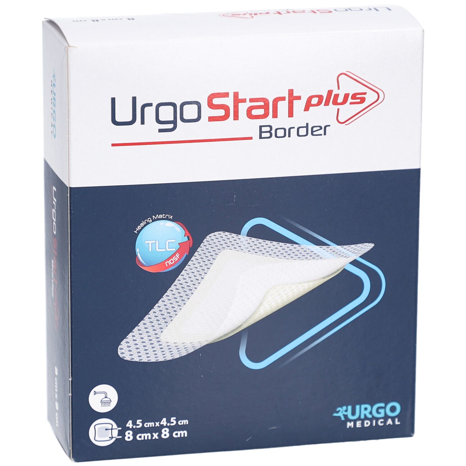 Vorderseite der UrgoStart Plus Border Verpackung. Zeigt ein Wundauflagen-Modell. Größe 8 x 8 cm. Marke Urgo Medical.