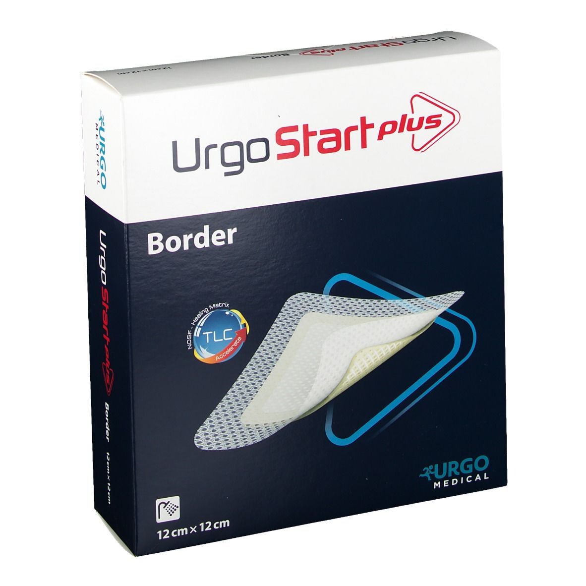 Verpackung von UrgoStart Plus Border. Zeigt ein Pflaster und die Aufschrift "Border". Größe: 12 x 12 cm. Logo von Urgo Medical.