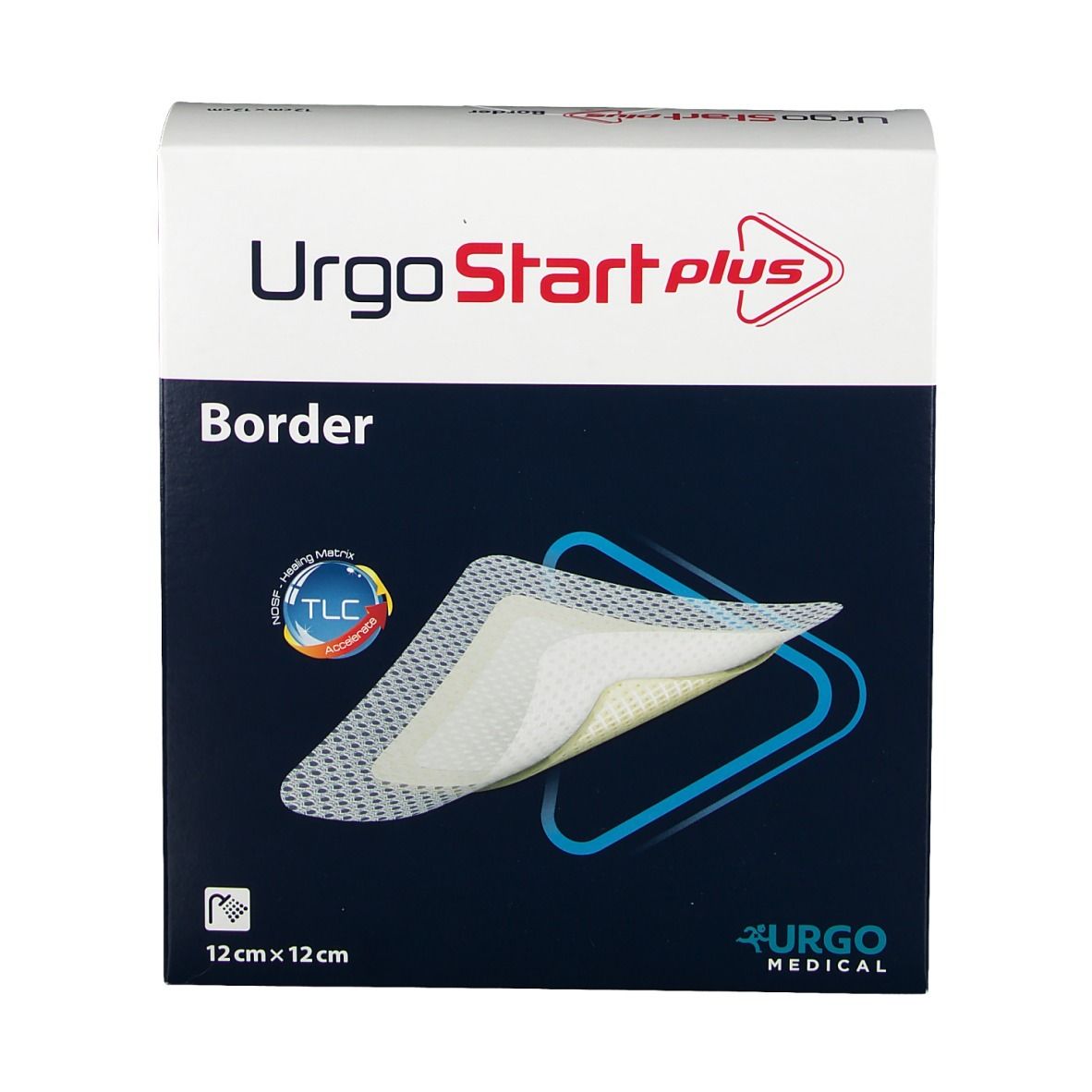UrgoStart Plus Border Verpackung. Zeigt ein Pflaster und die Aufschrift "Border". Größe: 12 x 12 cm. Logo von Urgo Medical.
