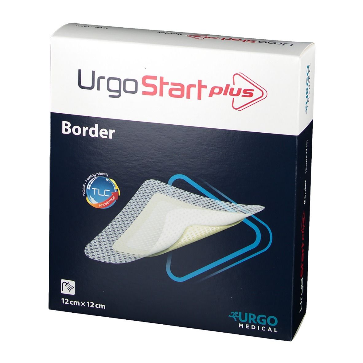 UrgoStart Plus Border Verpackung. Zeigt ein Pflaster und die Aufschrift "Border". Größe: 12 x 12 cm. Logo von Urgo Medical.