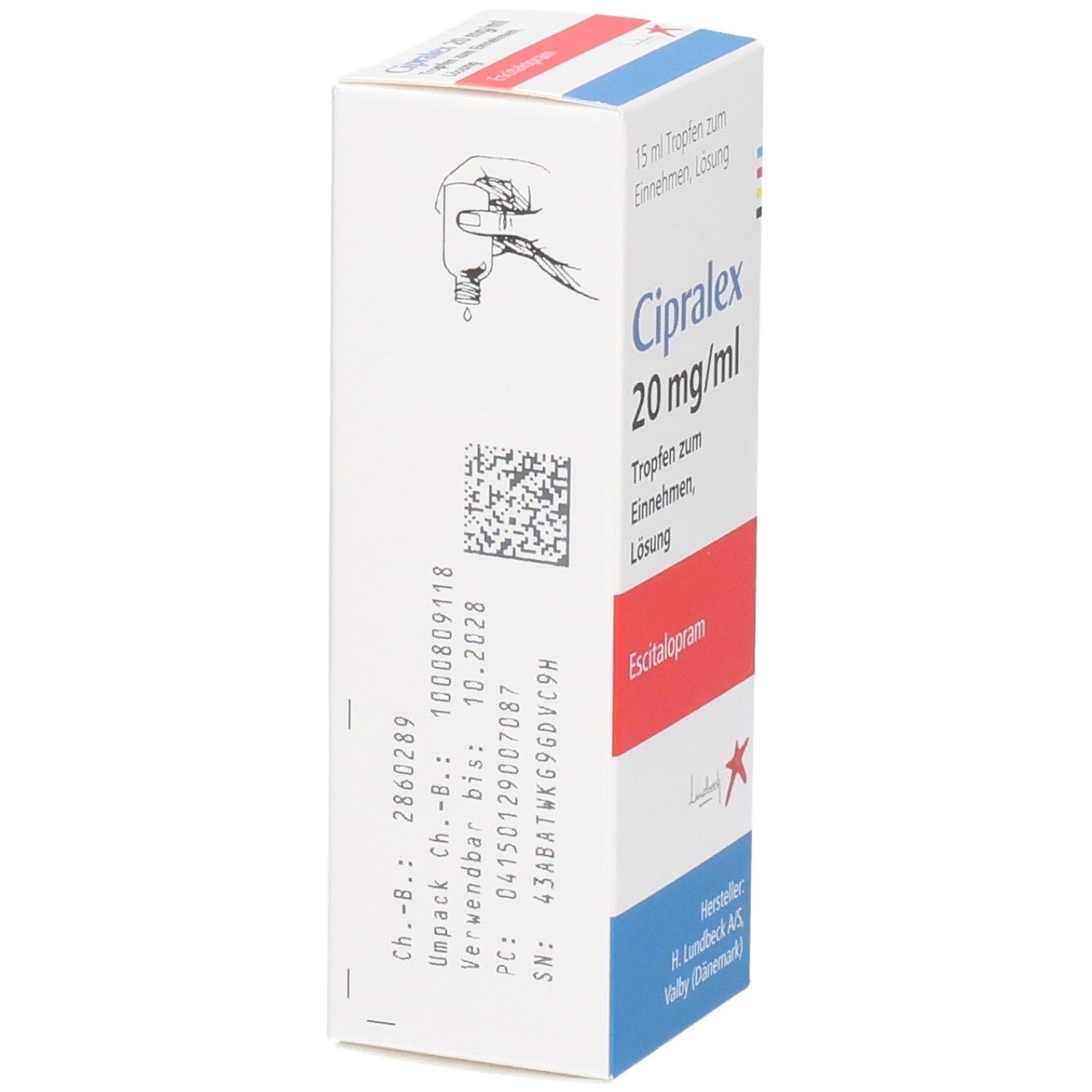 Cipralex 20 mg/ml Tropfen zum Einnehmen, Lösung. Enthält Escitalopram. H. Lundbeck A/S.