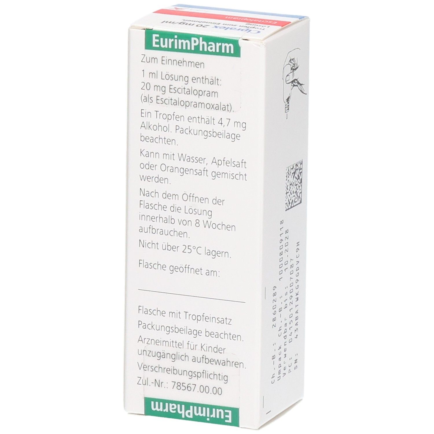 EurimPharm 1 ml Lösung enthält 20 mg Escitalopram. Tropfen zum Einnehmen.