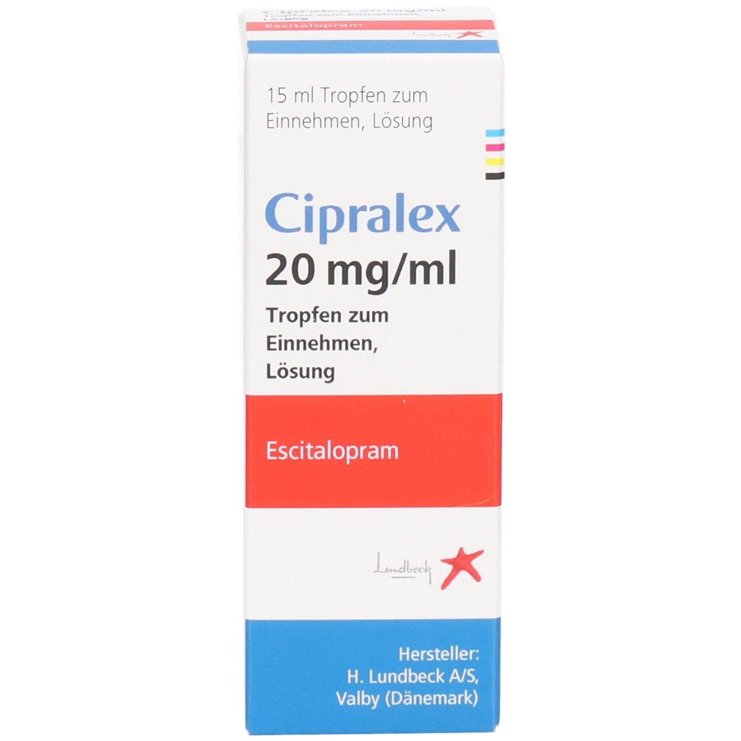 Cipralex 20 mg/ml Tropfen zum Einnehmen, Lösung. Enthält Escitalopram. H. Lundbeck A/S.