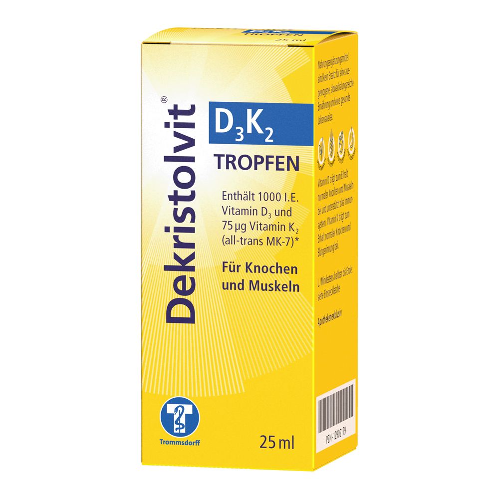 Gelbe Schachtel Dekristolvit D3K2 Tropfen. Enthält Vitamin D3 und K2. 25 ml. Aufdrucke in Deutsch.