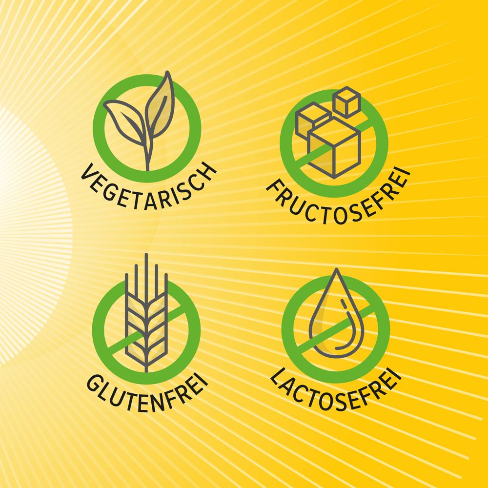 Gelber Hintergrund mit Symbolen. Vegetarisch, fruktosefrei, glutenfrei, laktosefrei.