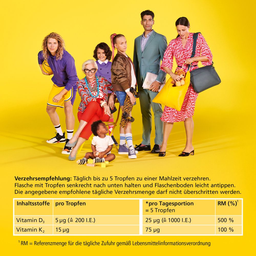 Menschengruppe vor gelbem Hintergrund. Informationen zu Inhaltsstoffen und Verzehrempfehlung von Tropfen.