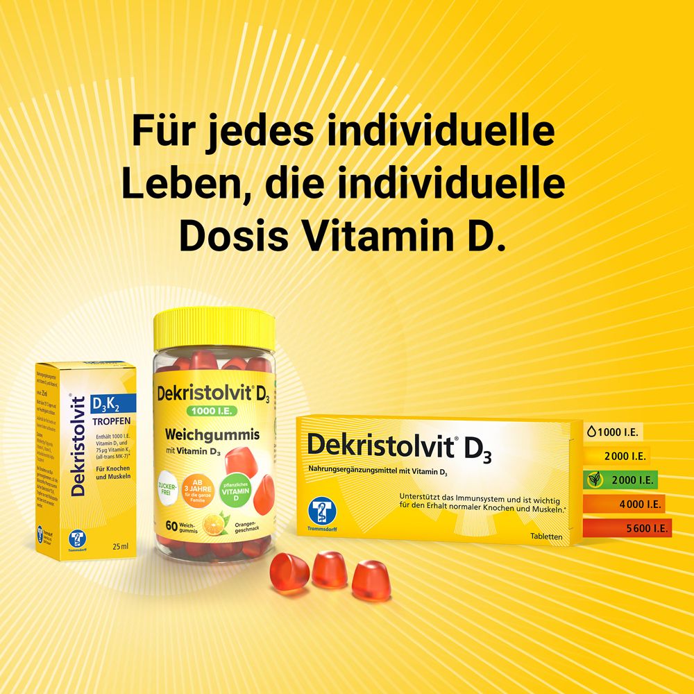 Gelber Hintergrund mit verschiedenen Dekristolvit Produkten. Tropfen, Weichgummis und Tabletten.