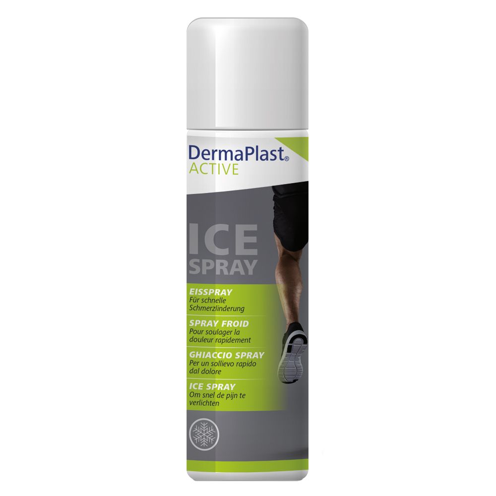 Zylindrische Sprühflasche mit weißem Deckel. Aufschrift: Dermaplast Active Ice Spray. Abbildung eines Beines.