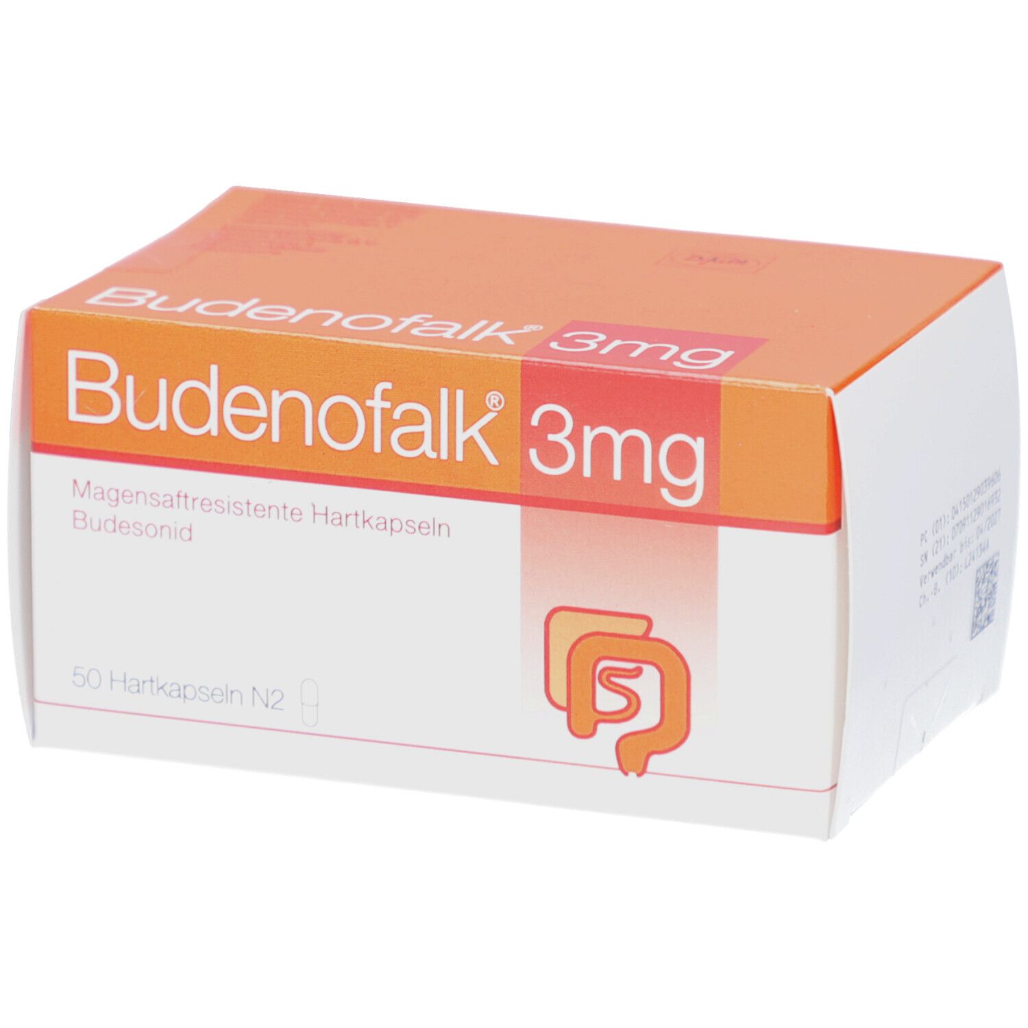 Weiße und orangefarbene Schachtel mit der Aufschrift Budenofalk 3mg. Enthält 50 magensaftresistente Hartkapseln.