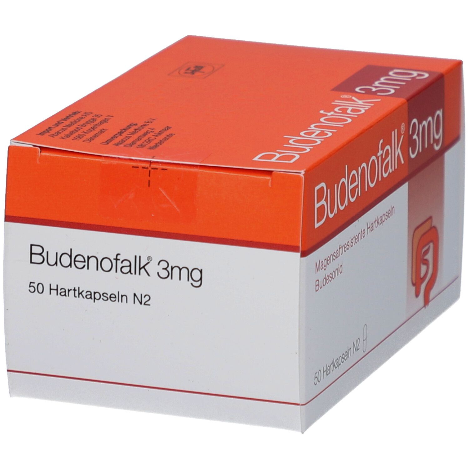 Schachtel Budenofalk 3mg, orangefarben und weiß. Aufschrift: 50 magensaftresistente Hartkapseln. Seitenansicht.