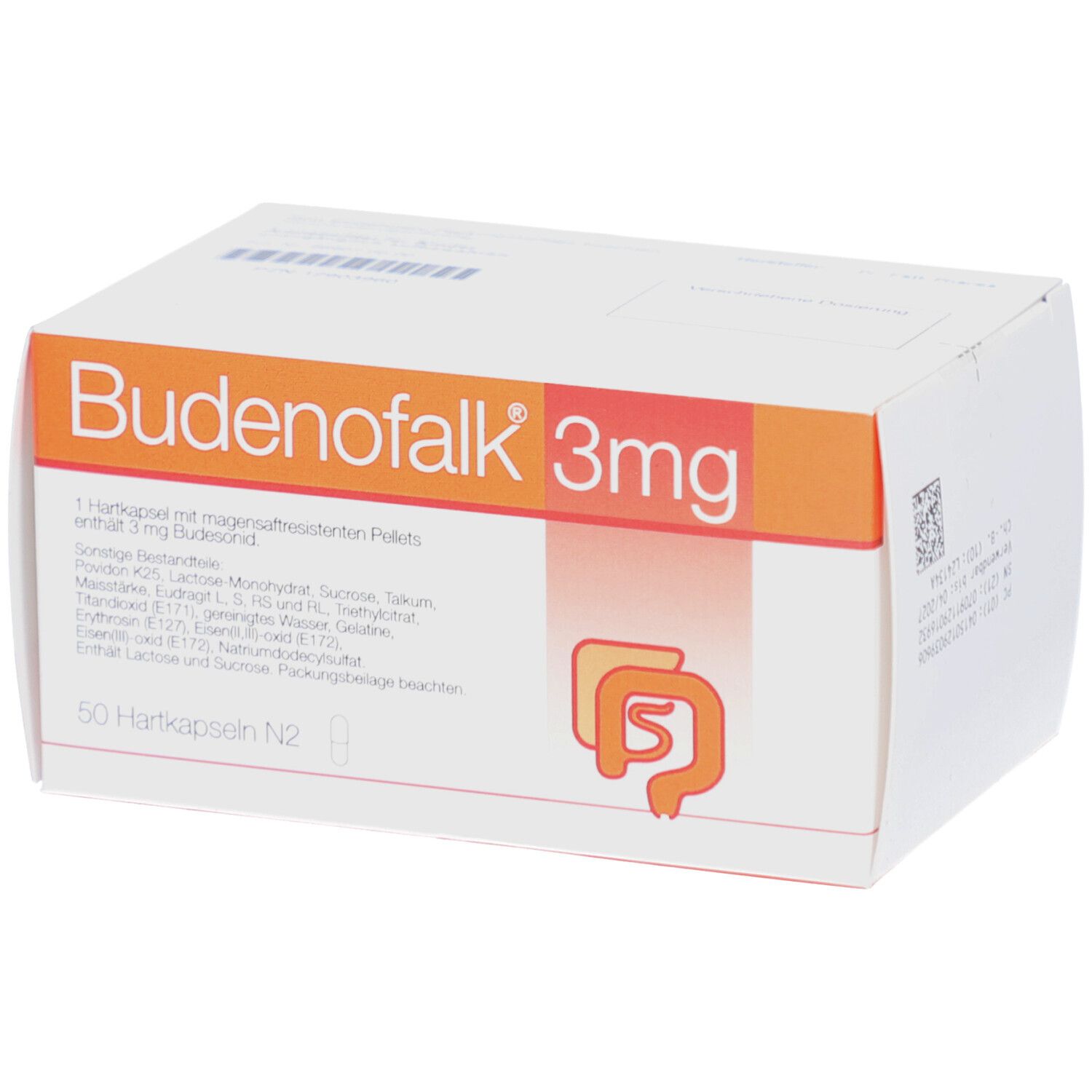 Weiße und orangefarbene Schachtel mit Text. Aufschrift: Budenofalk 3mg, 50 Hartkapseln. Inhaltsangaben auf der Seite.