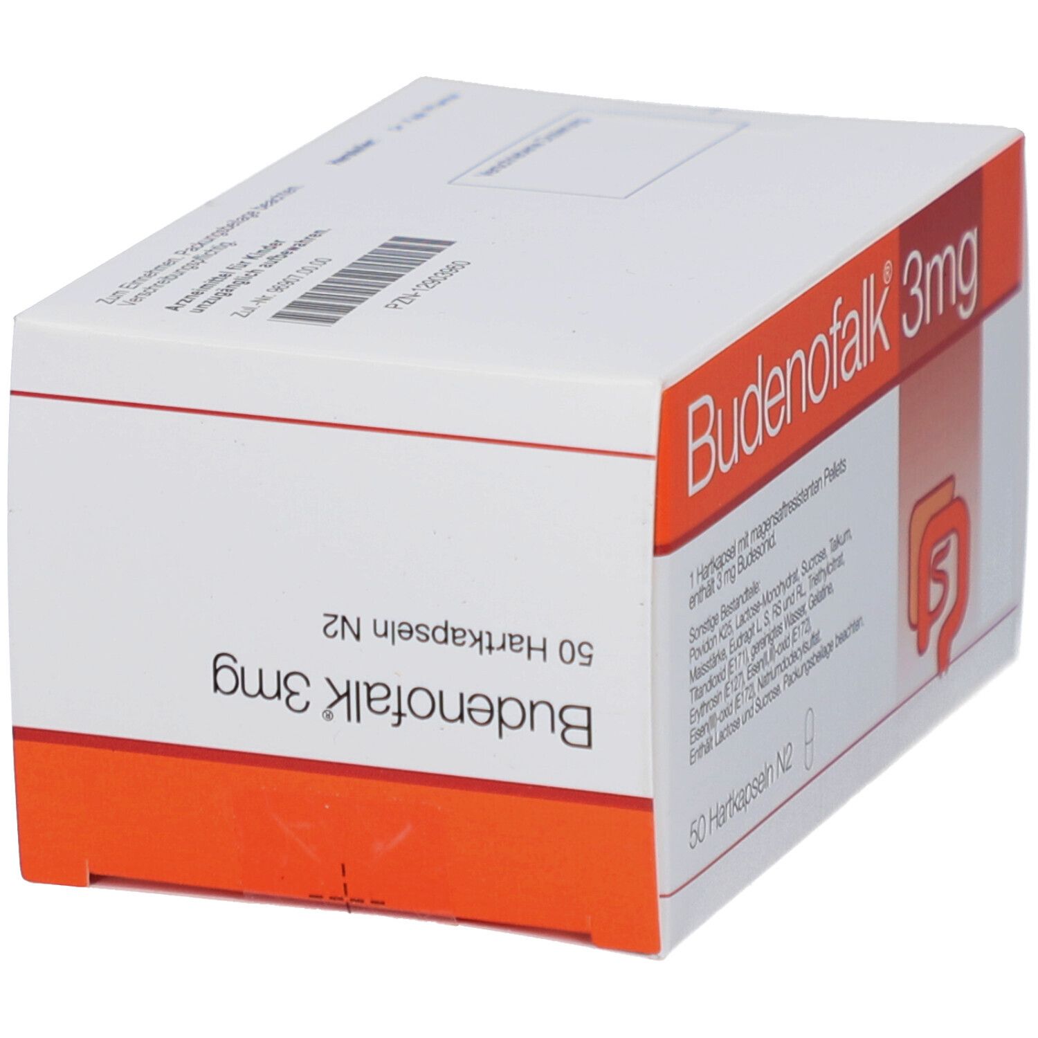 Schachtel Budenofalk 3mg, orange und weiß. Aufschrift: 50 Hartkapseln. Barcode und Text auf der Seite.