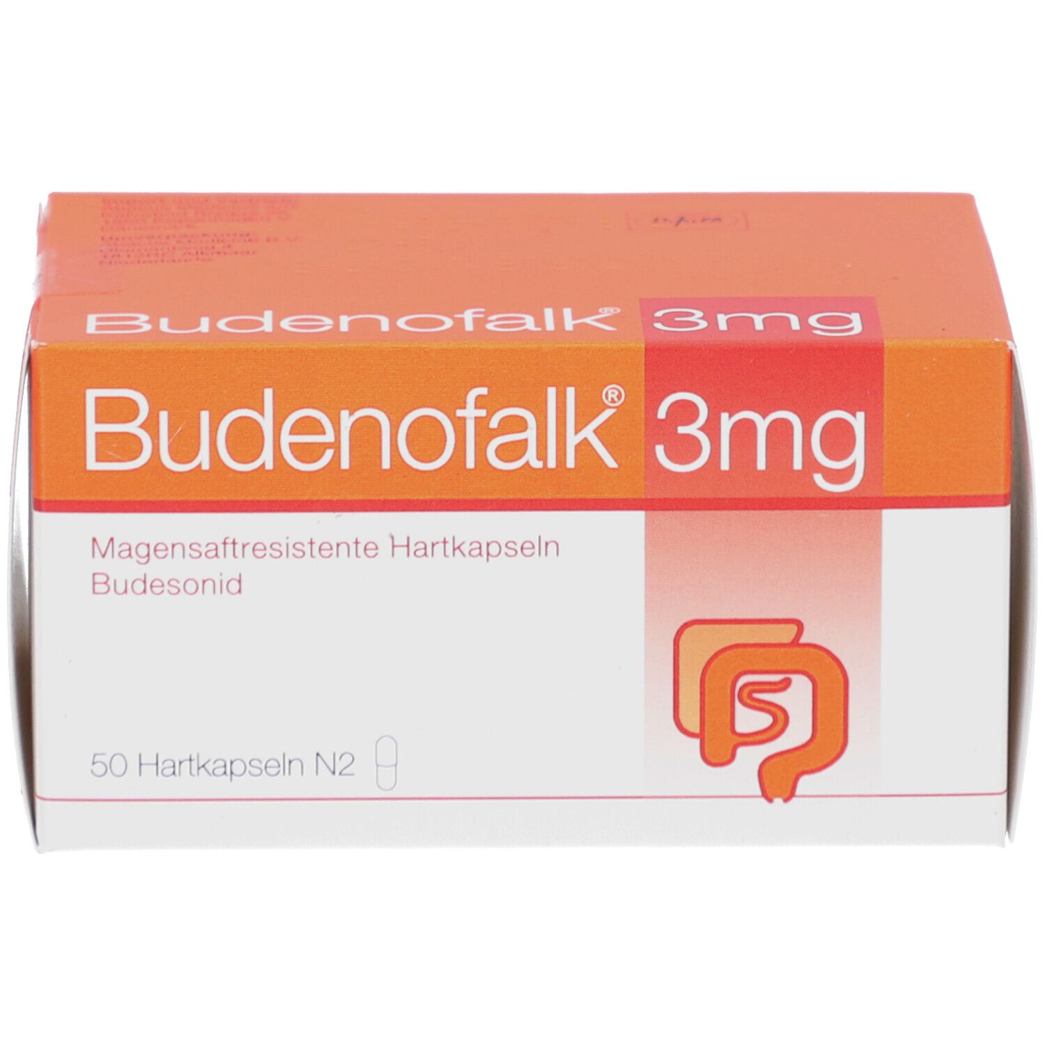 Weiße und orangefarbene Schachtel mit der Aufschrift Budenofalk 3mg. Enthält 50 Hartkapseln.
