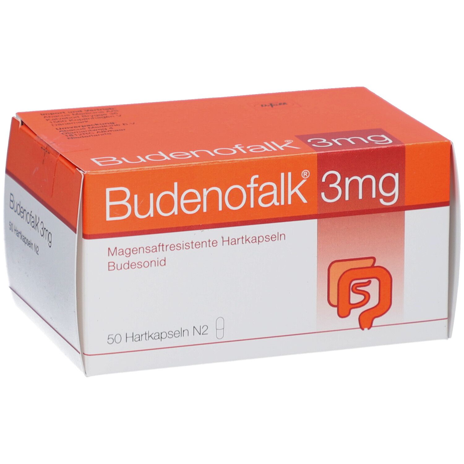 Weiße und orangefarbene Schachtel mit der Aufschrift Budenofalk 3mg. Enthält 50 Hartkapseln.